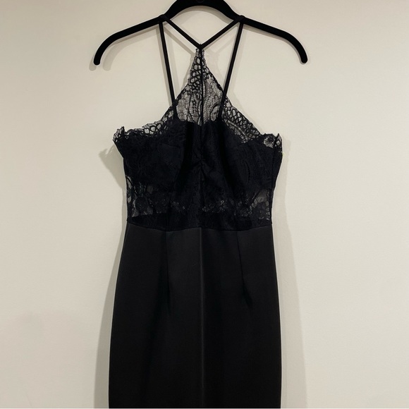 Black midi dress high neck lace cut out top bandeau thin straps size 4 open back - Picture 3 of 6